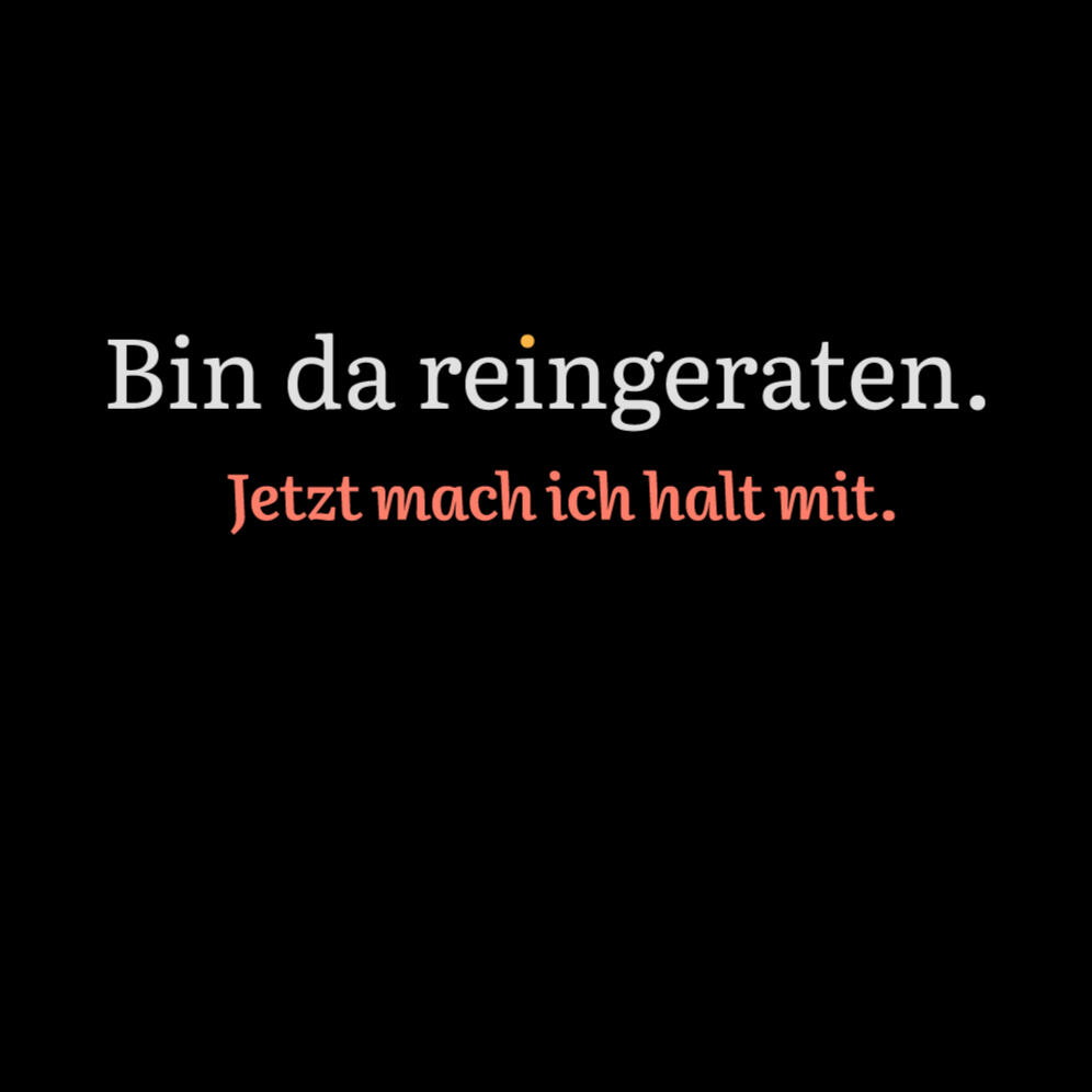 Typografischer Textpin mit dem Arbeitsspruch „Bin da reingeraten. Jetzt mach ich halt mit.“ in schlichter Gestaltung auf ruhigem Hintergrund.